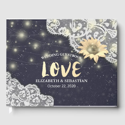 の結婚ゲストブックレースサンフラワー&ストリングライト ゲストブック (正面)