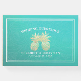 の結婚ゲストブック金ゴールドパイナップルカップルティール(緑がかった色)バラ ゲストブック