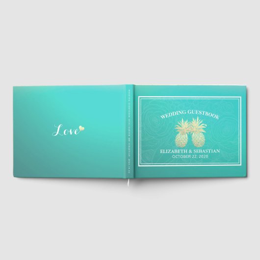 の結婚ゲストブック金ゴールドパイナップルカップルティール(緑がかった色)バラ ゲストブック (全面)