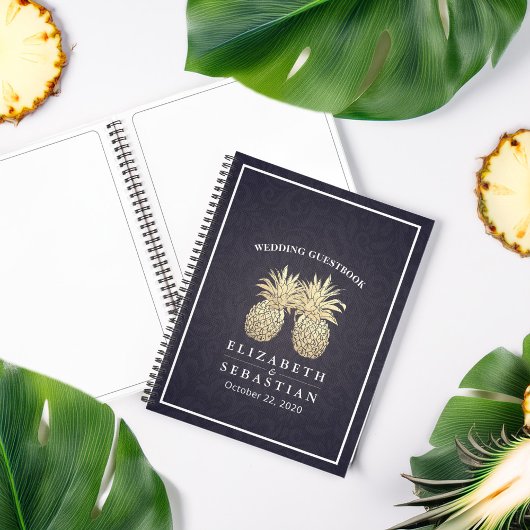 の結婚ゲストブック金ゴールドパイナップルカップル海軍ブルー ノートブック