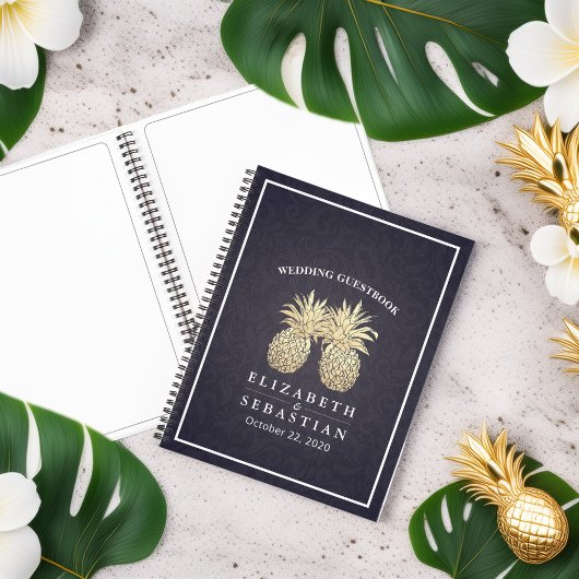 の結婚ゲストブック金ゴールドパイナップルカップル海軍ブルー ノートブック