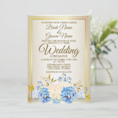の結婚ゴールデンブルー黄色フローラフレー素朴ム 招待状 (スタンド正面)