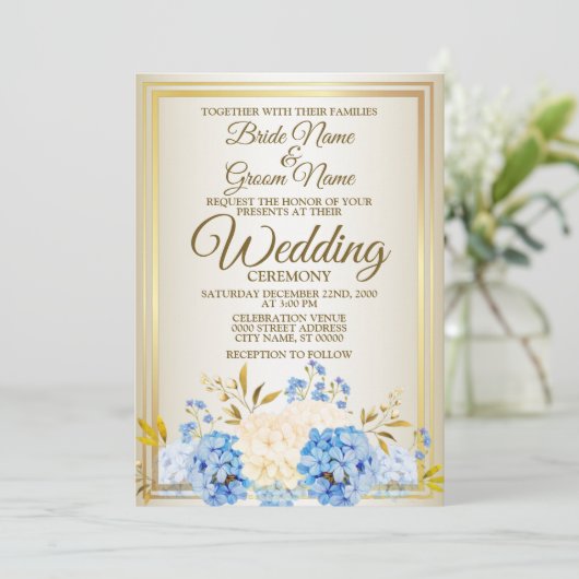 の結婚ゴールデンブルー黄色フローラフレー素朴ム 招待状 (スタンド正面)