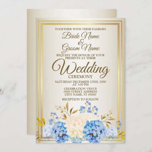 の結婚ゴールデンブルー黄色フローラフレー素朴ム 招待状 (正面/裏面)