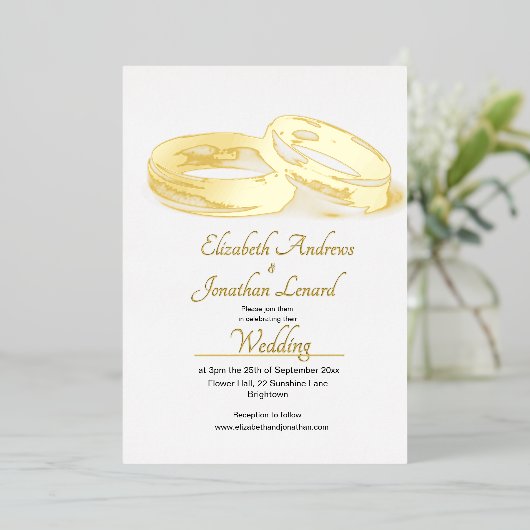 の結婚ゴールドフォイルエレガントリングや輪シンプル 箔招待状 (立ち正面)