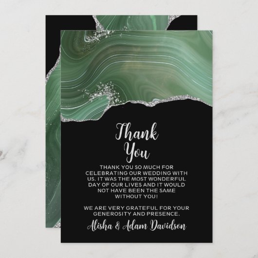の結婚サンキューカードグリーンシルバーグリッターブラック サンキューカード (正面/裏面)