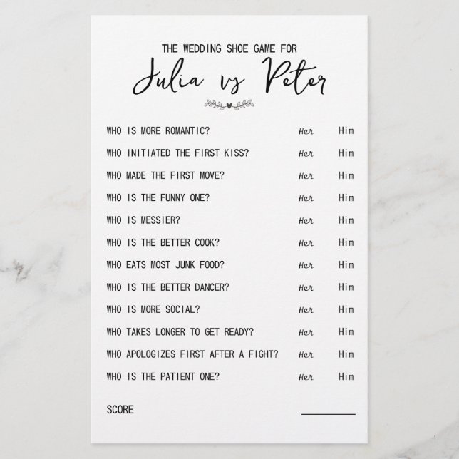 の結婚シューゲームの質問紙白黒 (正面)