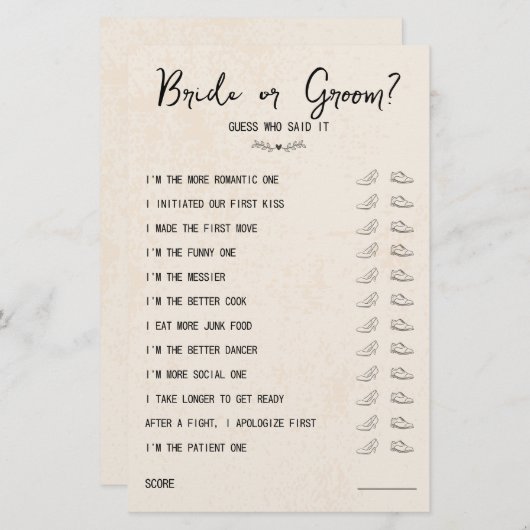 の結婚シューゲーム花嫁または花婿の素朴紙 (正面/裏面)