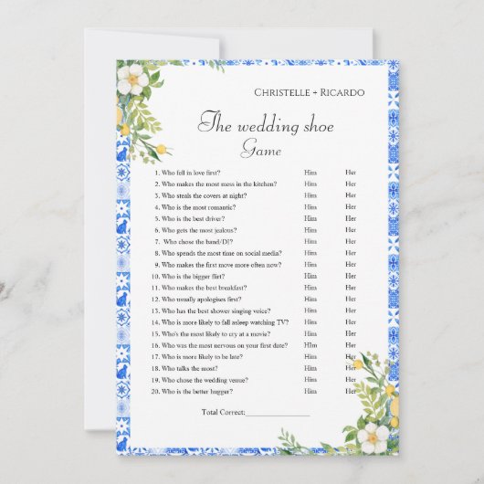 の結婚シューゲーム青メディテランパーティーゲームカード 案内状 (正面)