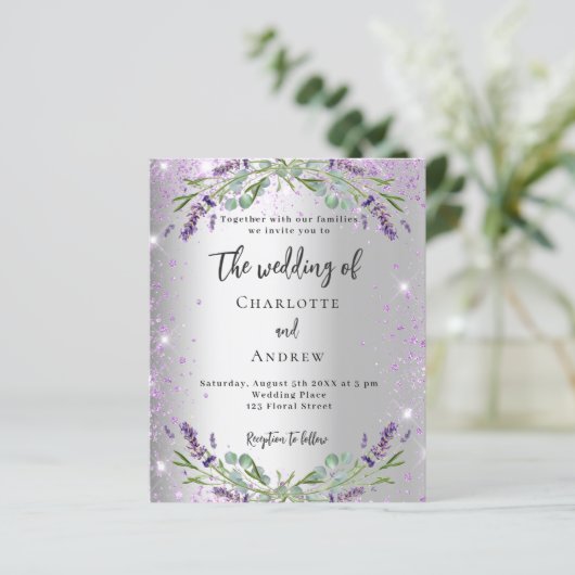 の結婚シルバーラベンダーQR RSVP予算招待状 (スタンド正面)