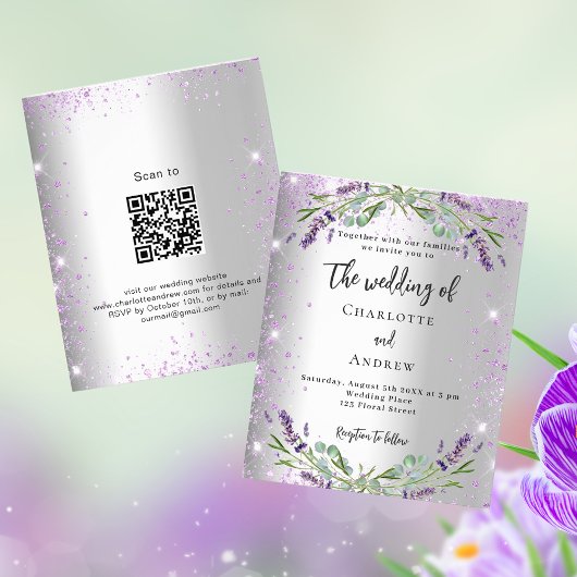 の結婚シルバーラベンダーQR RSVP予算招待状 チラシ