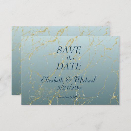 の結婚シンプルグラデーション金ゴールド青いデータ日付カードを保存 出欠カード (正面/裏面)