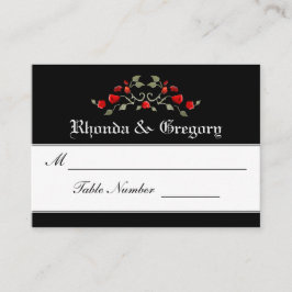 の結婚シーティングカード – 黒と赤のバラのマッチング プレイスカード