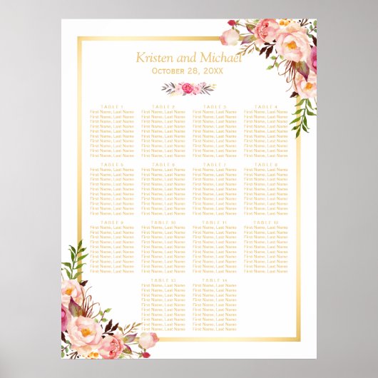 の結婚シーティングチャート上品なシックなフローラ金ゴールド ポスター (正面)