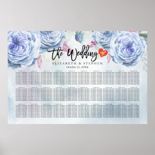 の結婚シーティングチャート水彩フローラと羽毛 ポスター (正面)