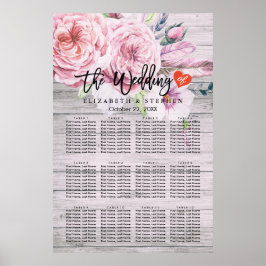 の結婚シーティングチャート水彩ボホフローラ木材 ポスター