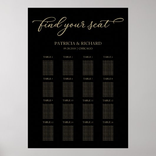 の結婚シーティングチャート記号シック金ゴールドブラック ポスター (正面)