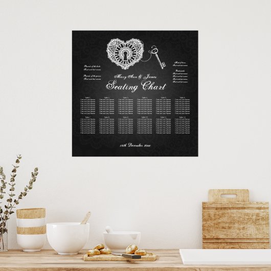 の結婚シーティングチャート鍵をハートブラックに ポスター (キッチン)