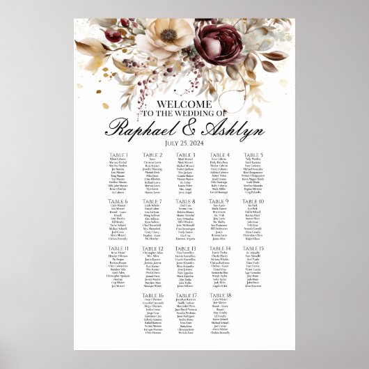 の結婚シーティングチャート18テーブル、バーガンディ牡丹 ポスター (正面)