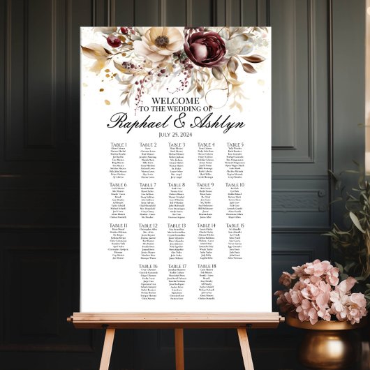 の結婚シーティングチャート18テーブル、バーガンディ牡丹 ポスター
