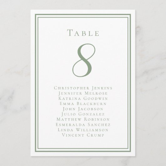 の結婚シーティングリストゲストテーブル番号Sage Green 招待状 (正面)