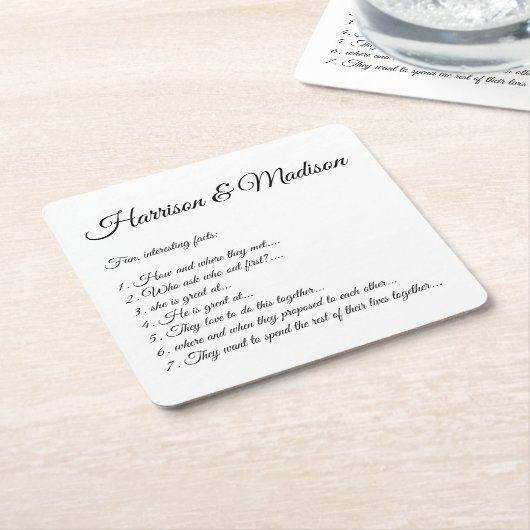の結婚スクリプト名カップルおもしろいファクトエレガント スクエアペーパーコースター (アングル)