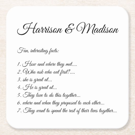 の結婚スクリプト名カップルおもしろいファクトエレガント スクエアペーパーコースター (正面)