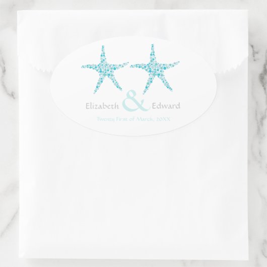 の結婚ターコイズアクアスターフィッシュ日付を保存 楕円形シール (バッグ)