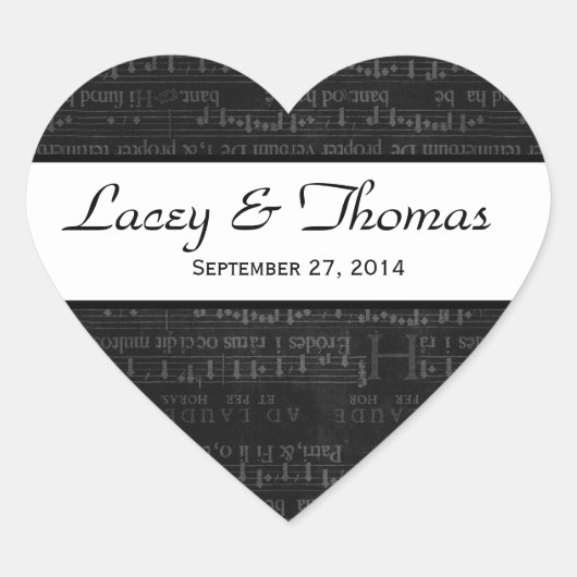 の結婚ダマスクの白黒のミュージックノート ハートシール (正面)