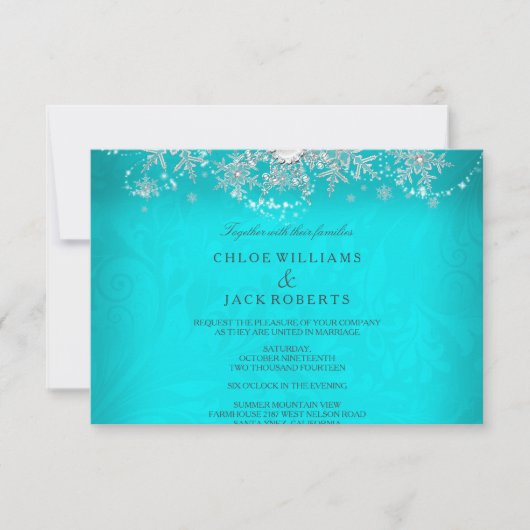 の結婚ティール（緑がかった色）クリスタルパールスノーフレーク銀冬 出欠カード (正面)