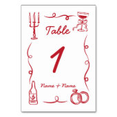 の結婚テーブルお洒落の手を赤く引いた図解入りの、写真付きの テーブルナンバー (裏面)