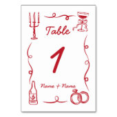 の結婚テーブルお洒落の手を赤く引いた図解入りの、写真付きの テーブルナンバー (正面)
