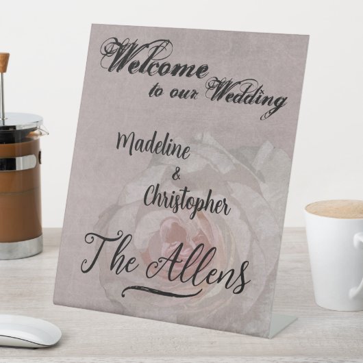 の結婚テーブルトップサインウェルカムバラピンクカスタマイズ 台座サイン (インサイチュ)