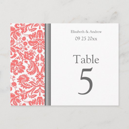 の結婚テーブル番号カードグレーコーラル ポストカード (正面)