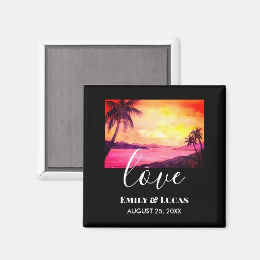 の結婚テーマ熱帯ビーチサンセットウォーターカラー マグネット (正面/裏面)