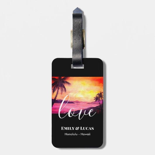 の結婚テーマ熱帯ビーチサンセットウォーターカラー ラゲッジタグ (裏面縦)