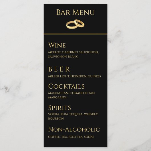 の結婚ディナーとドリンクのメニュー – 黒と金ゴールド- メニュー (裏面)