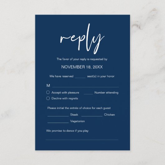 の結婚ディナーRSVP、食事のオプション、曲のリクエストEn エンクロージャーカード (正面)