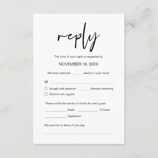 の結婚ディナーRSVP、食事のオプション、曲のリクエストEn エンクロージャーカード (正面)