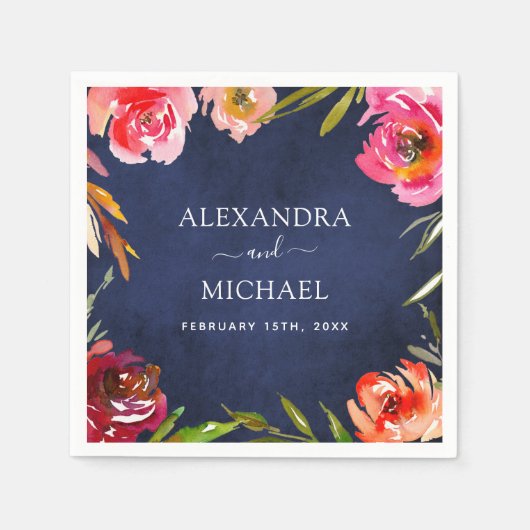 の結婚ネイビー青フローラエレガント水色 スタンダードカクテルナプキン (正面)