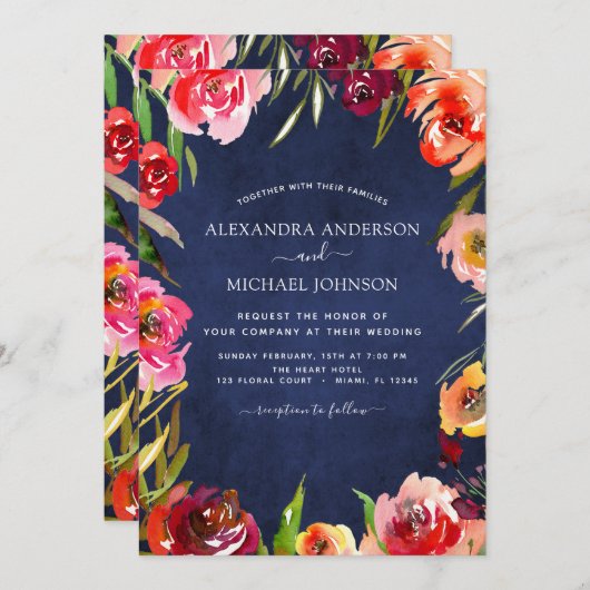 の結婚ネイビー青フローラエレガント水色 招待状 (正面/裏面)