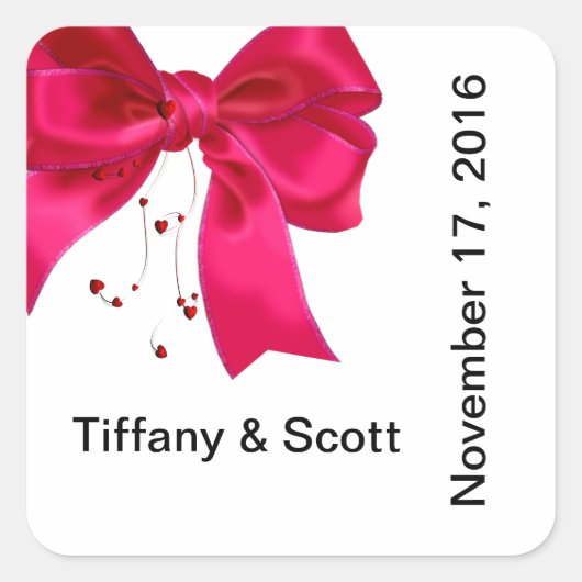 の結婚ハートとBowsステッカーテンプレート スクエアシール (正面)