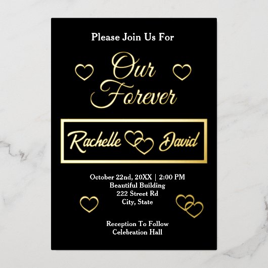 の結婚ハートは私たちのエレガント永遠の金ゴールド 箔招待状 (正面)