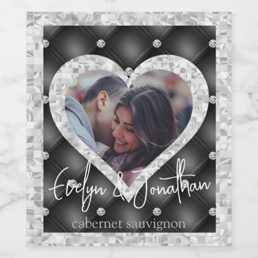 の結婚ハートカスタムフォトブラック&シルバーダイヤモンド ワインラベル (シングルラベル)