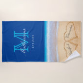 の結婚ハートズインサンドファミリーモノグラムダークブルーB ビーチタオル (正面)