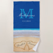 の結婚ハートズインサンドファミリーモノグラムダークブルーB ビーチタオル (正面)