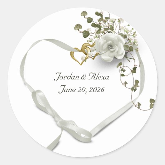 の結婚バラとツタのリボンハート ラウンドシール (正面)