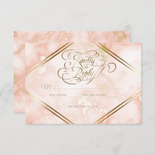 の結婚バラと金ゴールド大理石華美書道 出欠カード (正面/裏面)