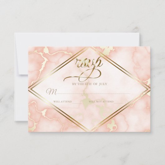の結婚バラと金ゴールド大理石華美書道 出欠カード (正面)