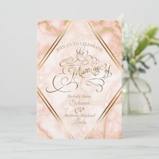 の結婚バラと金ゴールド大理石華美書道 招待状 (スタンド正面)